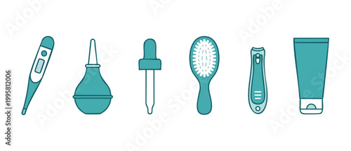 Baby Healthcare Kit Items Flat Vector Icons Set, Thermometer Aspirator Dropper Hairbrush Nail Clippers Cream Tube Collection for Newborn Infant Hygiene and Medical Care Routine Isolated on White Backg