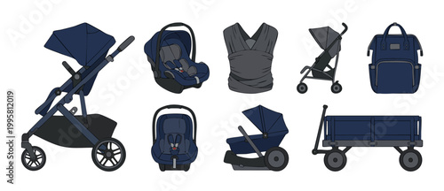 Baby Stroller and Car Seat Set, Essential Parenting Gear Collection for Newborns, Travel Systems and Diaper Bag Illustration, Flat Vector Icons for Nursery Planning, Navy Blue and Gray Color Palette.