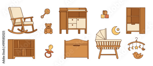 Nursery Furniture And Baby Accessories Vector Set, Modern Wooden Crib, Changing Table, Rocking Chair, Toy Storage, Infant Essentials, Cute Teddy Bear And Moon Decor Elements For Kids Bedroom Design