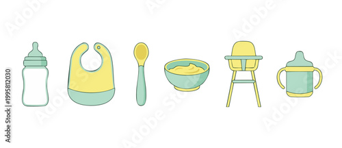 Baby feeding equipment set including bottle, bib, spoon, bowl, high chair and sippy cup. Vector illustration of baby mealtime essentials for newborn care, nursery, or infant nutrition concepts isolate