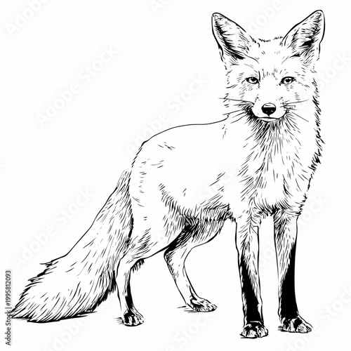 Fox stands alert while looking forward with a bushy tail and pointed ears in this intricate black and white ink sketch.
