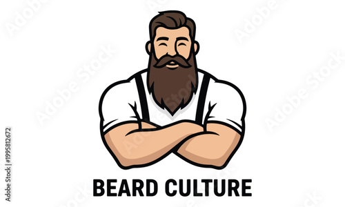 Bearded Man Mascot Logo with Crossed Arms and Suspenders