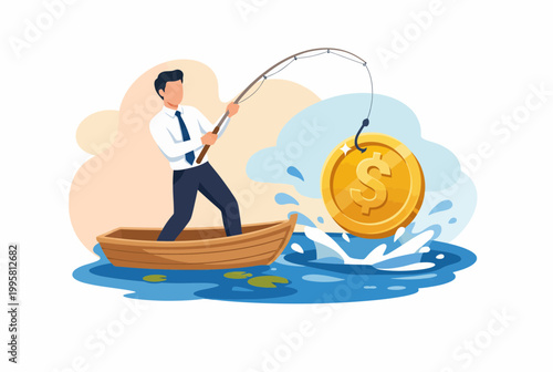 Businessman fishing for a giant golden dollar coin from a boat