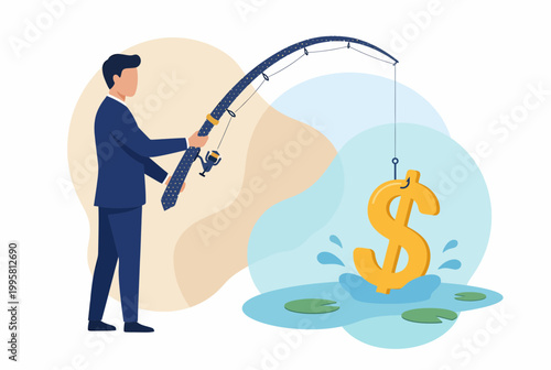 Businessman fishing for money and golden dollar sign success concept