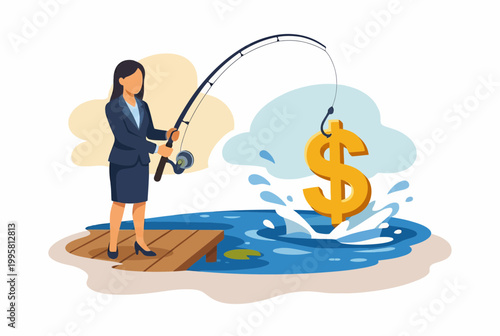 Businesswoman catching a golden dollar sign with a fishing rod