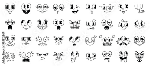 Retro cartoon faces and vintage character expressions with various emotions for mascot illustration set