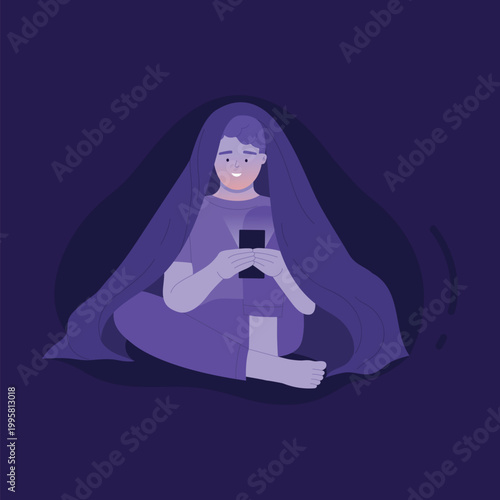 Sleepless boy using smartphone. Teenager suffering from insomnia cartoon vector illustration