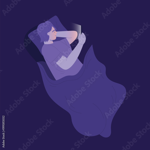 Boy with bad night habit of using smartphone. Teenager suffering from insomnia cartoon vector illustration