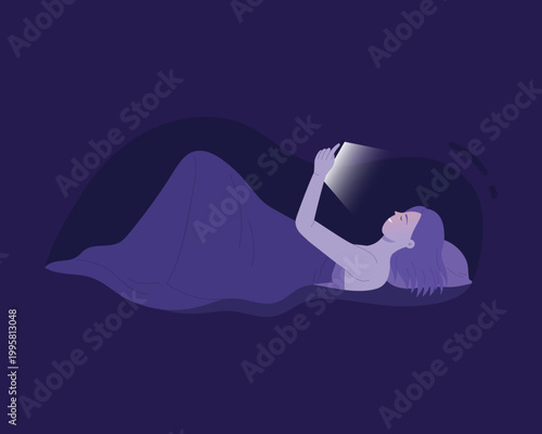 Girl with bad night habit of using smartphone. Lady suffering from insomnia cartoon vector illustration