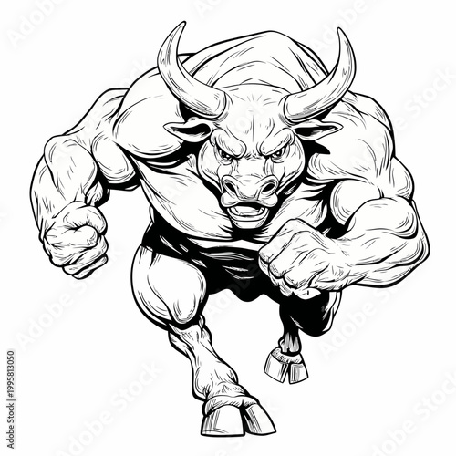 Bull character charging forward with muscular physique displays aggressive power in this detailed black and white line art drawing.