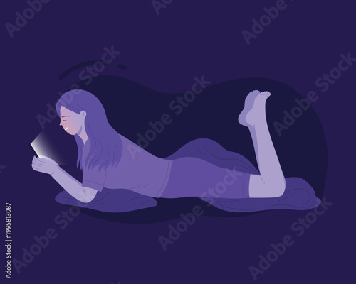 Girl with sleeping problem. Teenager with bad habit using phone all night cartoon vector illustration