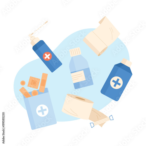 First aid medicine for body wound. Injury treatment drugs, medical help cartoon vector illustration