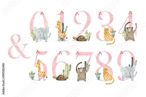Vector watercolor safari animals numbers for invitation card, nursery poster and other.