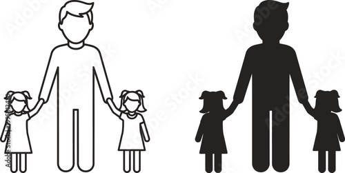 Father's Day Dad with Two Daughters Outline and Silhouette Vector Set