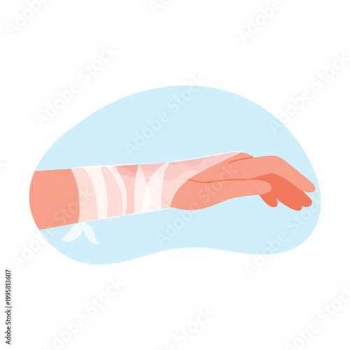 Injured bandaged hand. First aid measure, medical bandage cartoon vector illustration