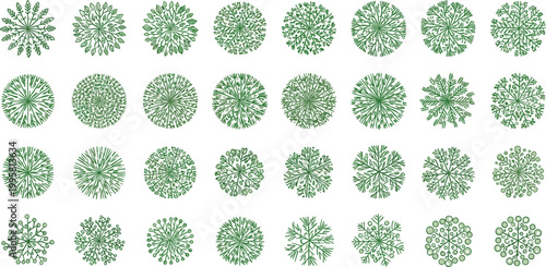 Aerial Top View Collection of Green Trees and Garden Shrubs for Landscape Architecture Design and Urban Planning Layout in Realistic Flat Vector Illustration Style with Diverse Leaf TexturesAerial Top