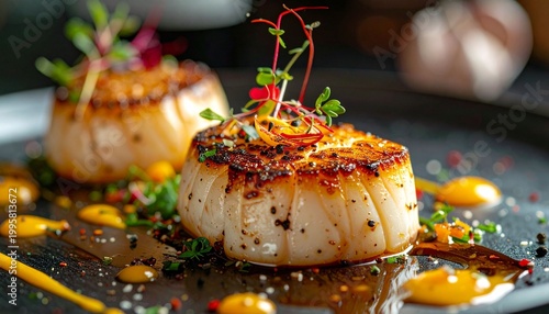 Seared scallops on plate with garnish