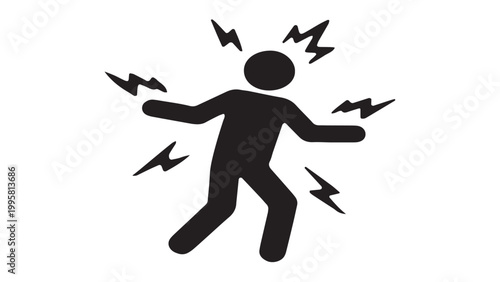 Electric shock hazard icon. Silhouette of a person being electrocuted with lightning bolts. Danger of high voltage, industrial safety warning, and power surge concept.