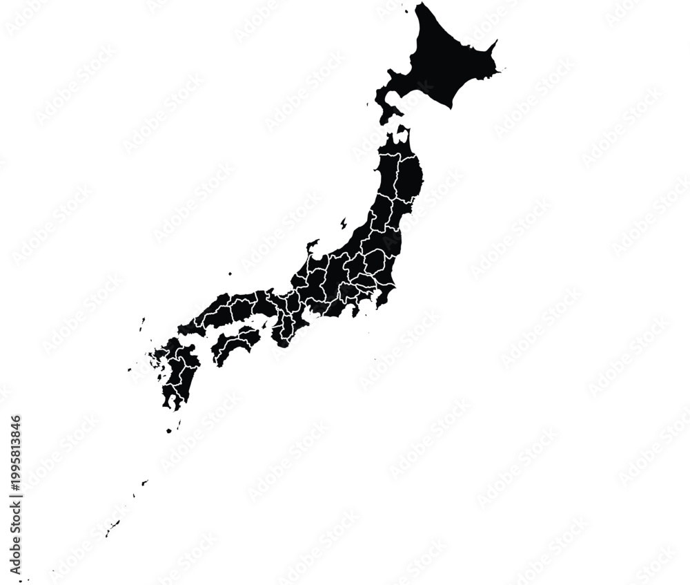 Fototapeta premium Map of Japan With Administrative Regions Black Silhouette Clipart.