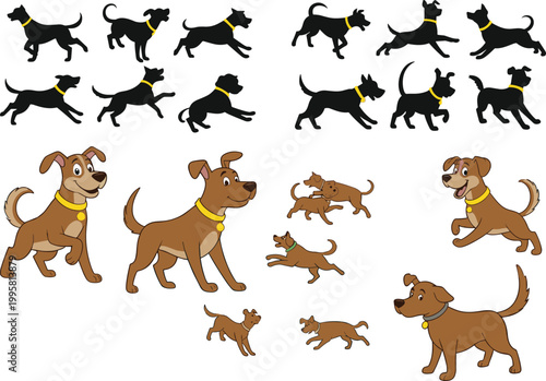 Playful brown dog and black puppy silhouette collection featuring cartoon pets running jumping and standing with yellow collars for animal lover graphic design projects