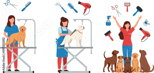 Professional pet grooming service set with female groomers caring for dogs using tools like scissors brushes and hair dryers in flat vector illustration style