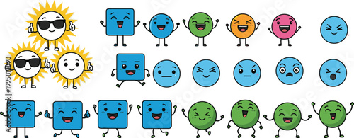 Set of cute kawaii geometric shapes and sun characters with various facial expressions and emotions in flat vector style for children education and design