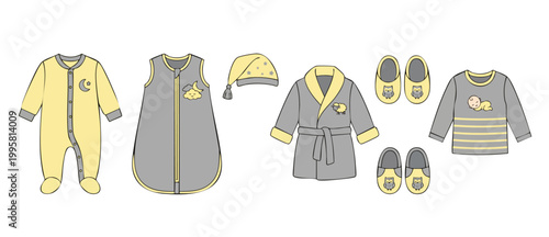 Baby sleepwear set collection yellow and grey icons including onesie, sleeping bag, bathrobe, hat, and slippers isolated on white background, nursery clothing fashion accessories for newborn bedtime o