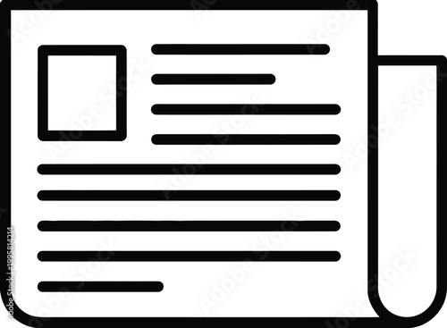 Newspaper icon design with text columns and image placeholder on transparent background.