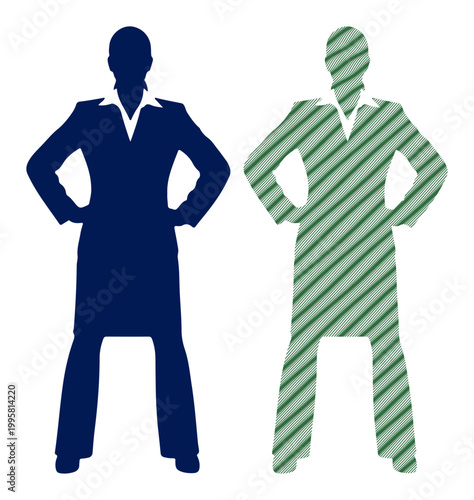 Two confident women in business attire standing with hands on hips, representing diversity and strength.