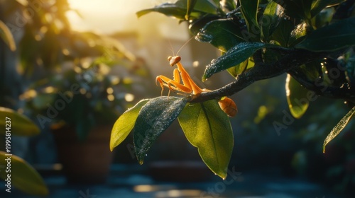 Orange mantis on dewy leaves, sunlit garden