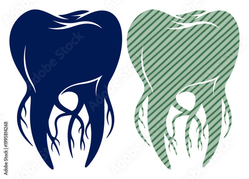 Stylized illustration of healthy and diseased teeth with roots