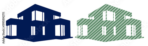 Two modern houses, one solid blue and one green striped, side by side on a white background