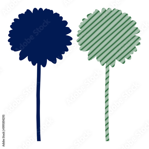Two stylized trees, one solid dark blue, the other green with diagonal stripes