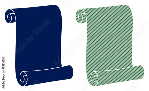 Two rolled scrolls, one solid navy blue and the other light green with diagonal stripes, stand side-by-side.