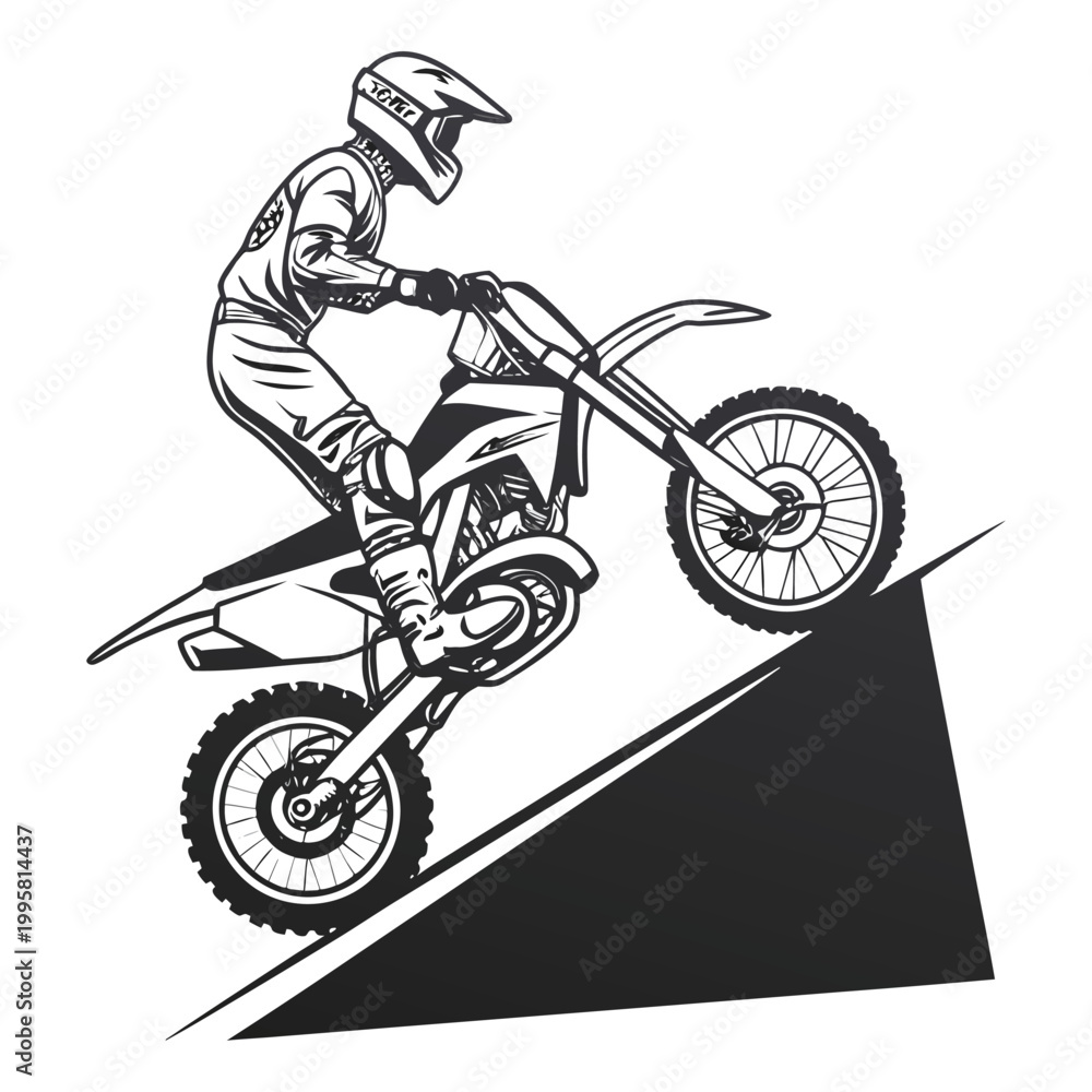 Fototapeta premium Green motocross rider jumping on a dirt bike on a ramp