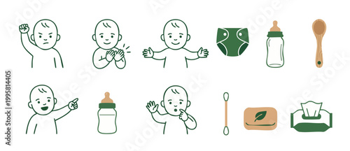 Baby Icons Set with Expressions and Essential Care Accessories, Cute Newborn Vector Graphic Elements for Childcare Parenting Design Projects, Minimalist Outline Style with Soft Green and Natural Tones
