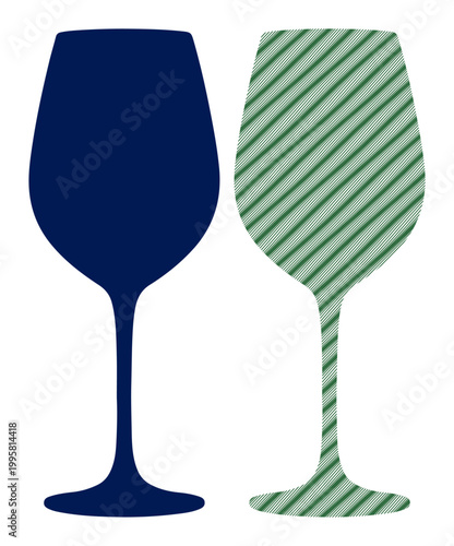 Two wine glasses, one solid blue and one with green diagonal stripes, on a white background