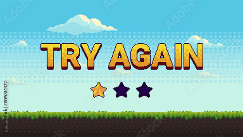 Pixel game scene with Try Again message and one star rating. Feedback screen with landscape and clouds.