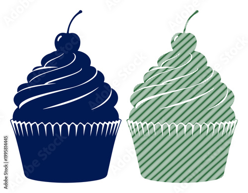 Sweet treats: two stylized cupcakes with cherry on top, one solid, one patterned