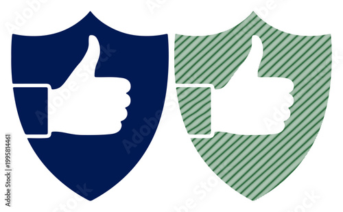 Two shields with thumbs up icons symbolizing approval and security