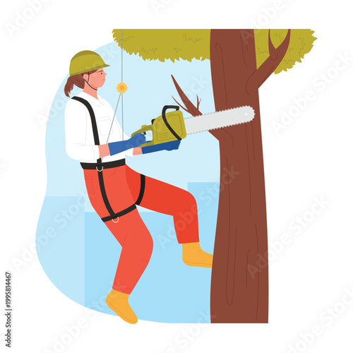 Tree surgeon arborist. Industrial climber worker, cutting trees service cartoon vector illustration