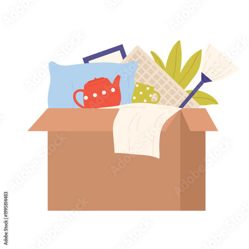 Charity box full of household stuff. Humanitarian help, social care cartoon vector illustration