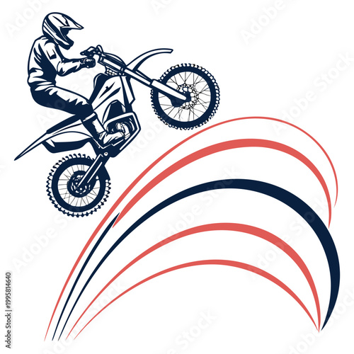 Green motocross rider jumping on a dirt bike with motion lines