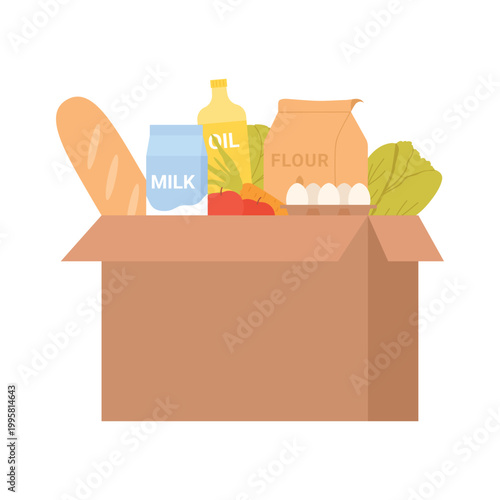 Humanitarian food box help. Grocery donation, humanitarian aid support cartoon vector illustration