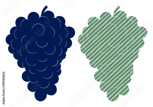 Two stylized bunches of grapes, one solid dark blue and the other outlined with green stripes on white.