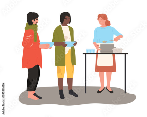 Feeding homeless people. Volunteers feed poor street people, charity aid cartoon vector illustration