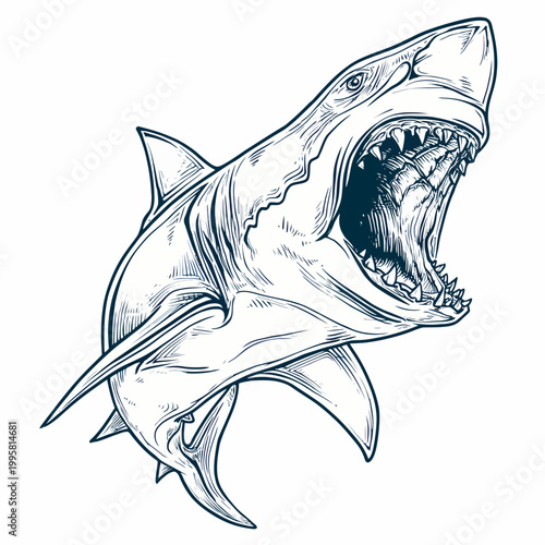 Shark illustration displays a powerful oceanic predator with sharp teeth and an open mouth in a detailed sketch style.