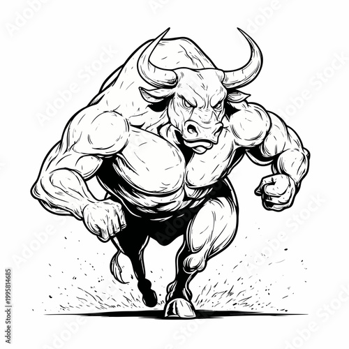 Bull with a powerful muscular build stands in an aggressive charging posture within this dynamic and bold black and white ink style illustration.