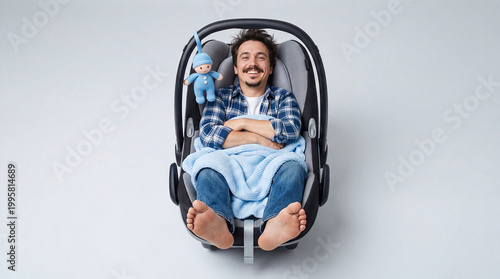 Surreal concept of a smiling adult man lying comfortably in a baby car seat. Humorous metaphor for ultimate safety, comfort, and inner child. Creative commercial studio shot on gray background.