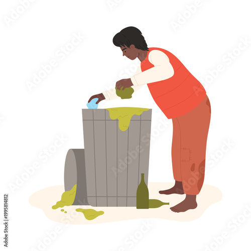 Homeless man searching food in trash. Hungry unemployed man looking in rubbish can cartoon vector illustration